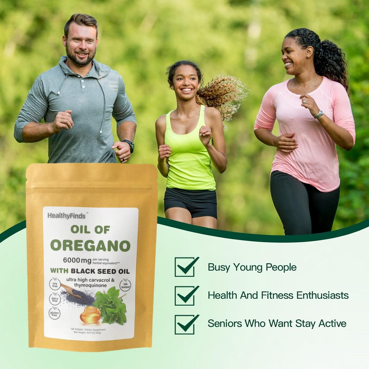 Gélules d'huile d'origan HealthyFinds sur un fond neutre