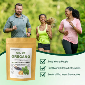 Gélules d'huile d'origan HealthyFinds sur un fond neutre