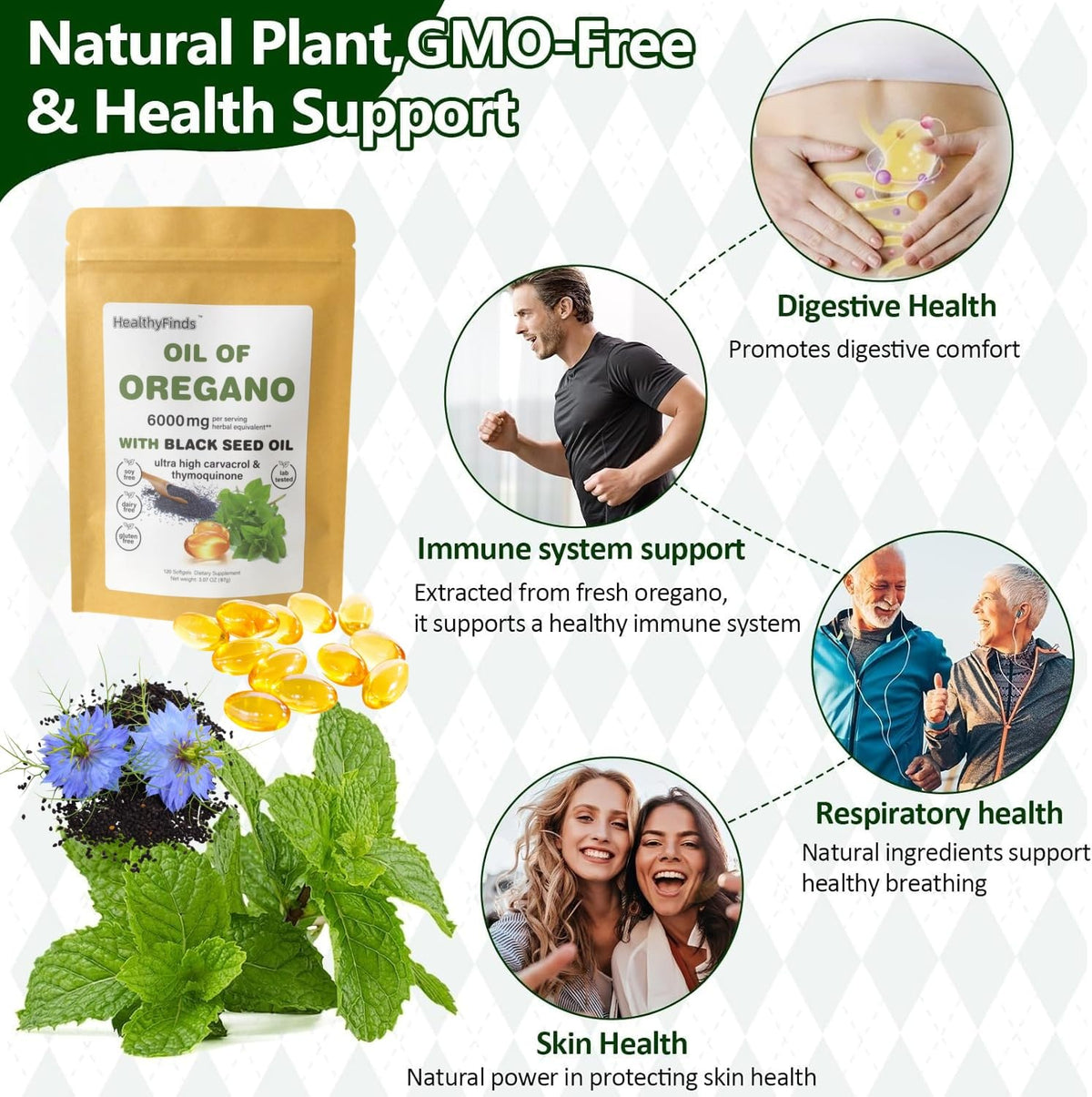 Gélules d'huile d'origan HealthyFinds sur une surface en bois