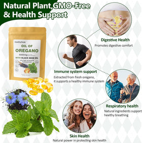 Gélules d'huile d'origan HealthyFinds sur une surface en bois