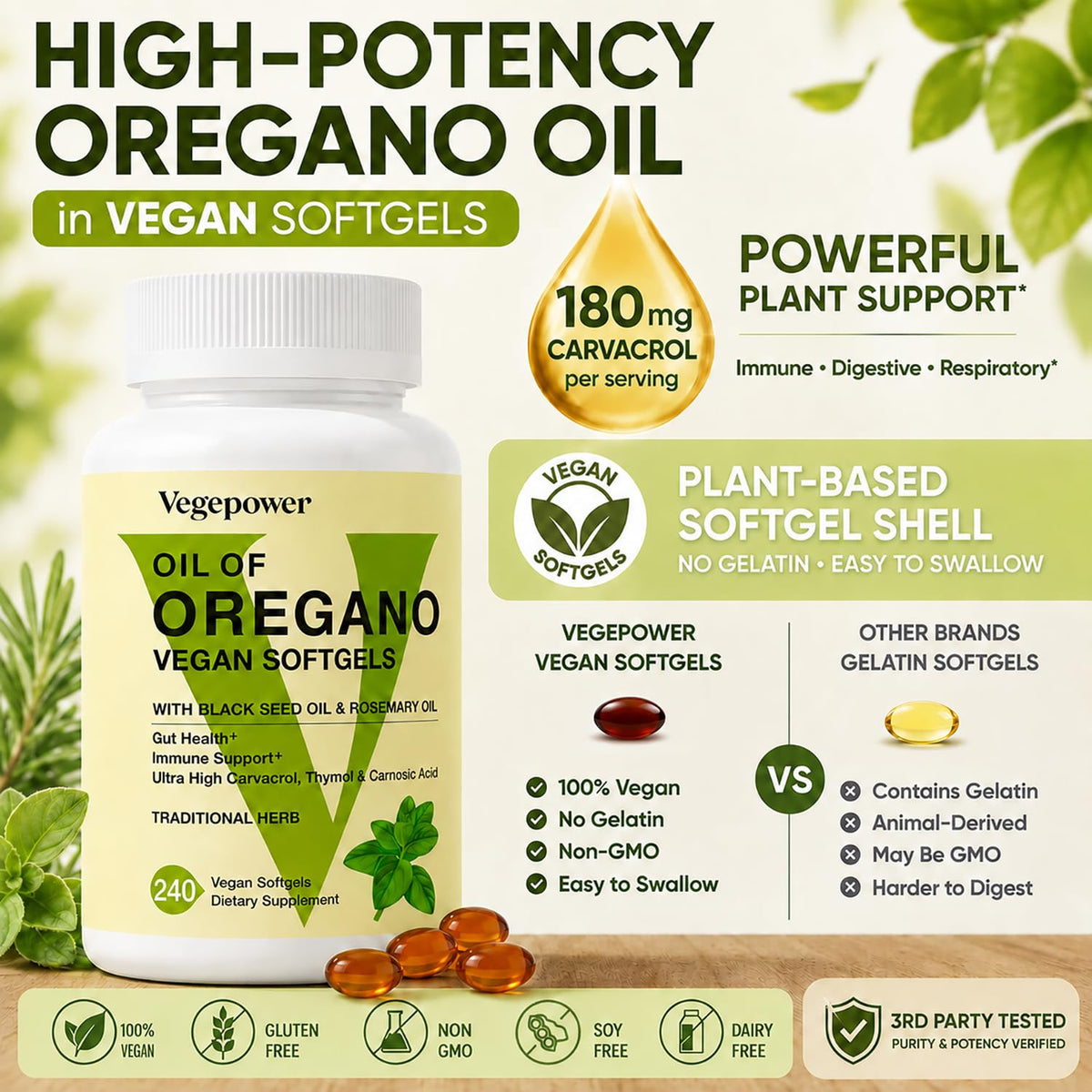 Gélules d'huile d'origan VEGEPOWER sur une surface blanche