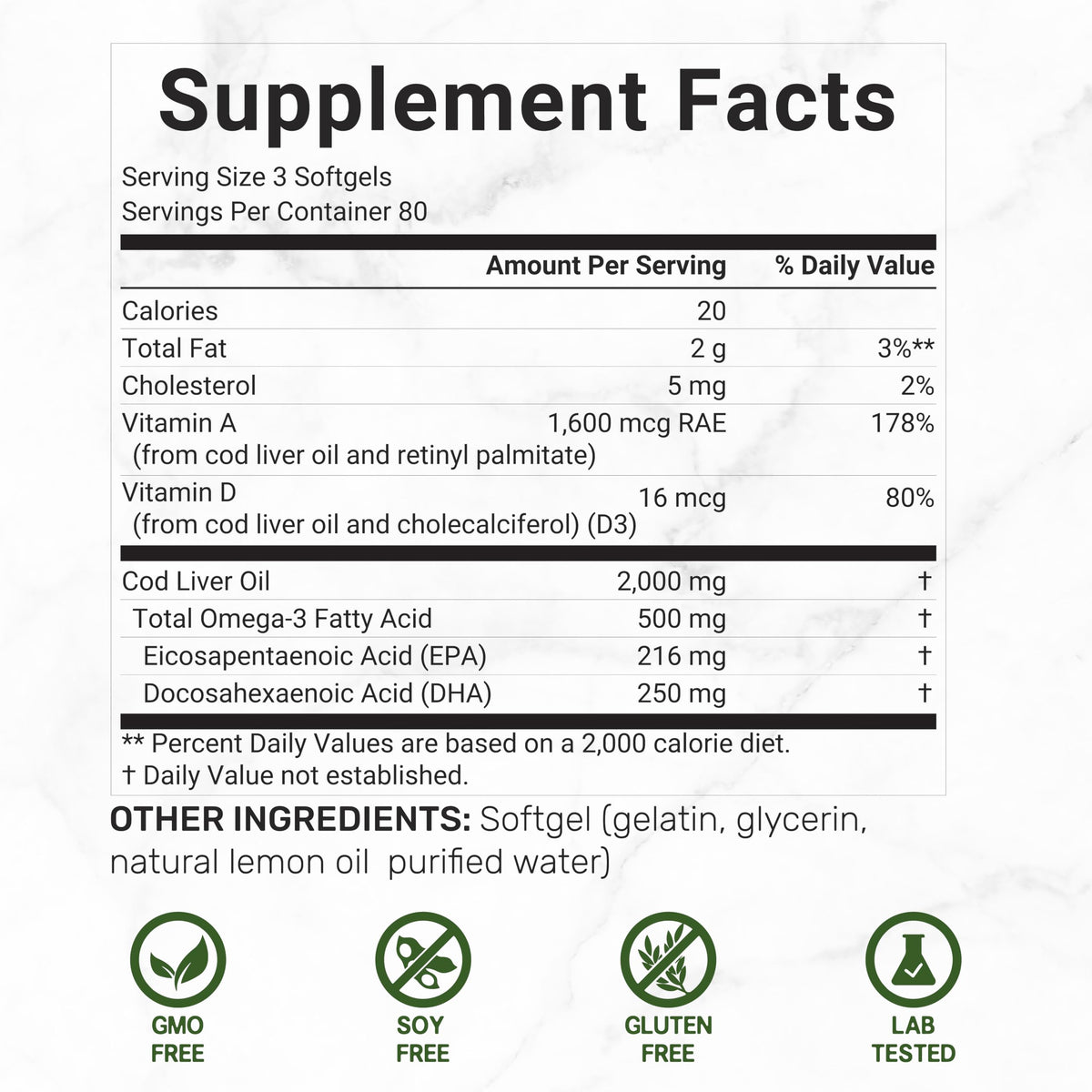 Gélules d'huile de foie de morue DEAL SUPPLEMENT sur fond blanc
