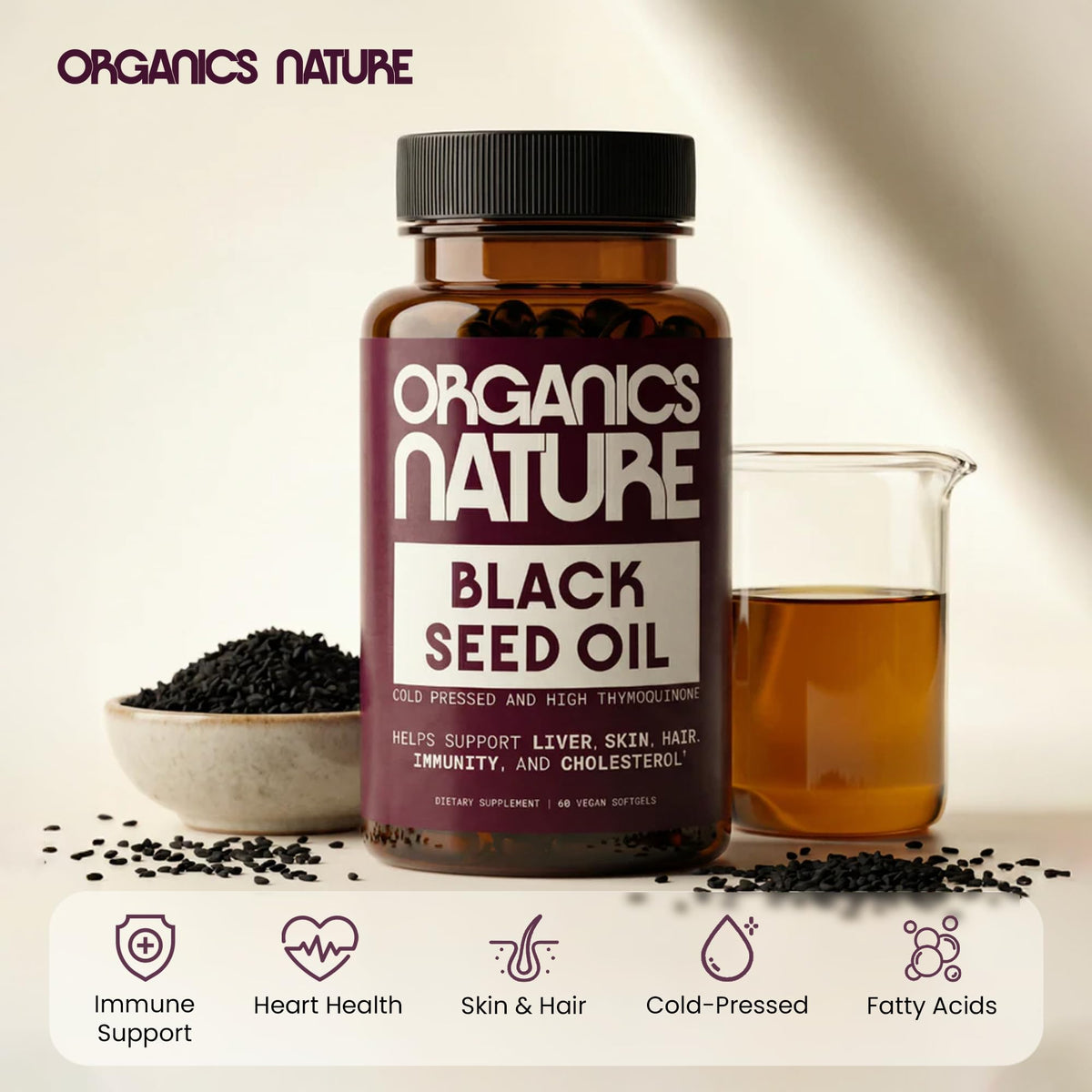Gélules d'huile de graines noires ORGANICS NATURE dans un bol