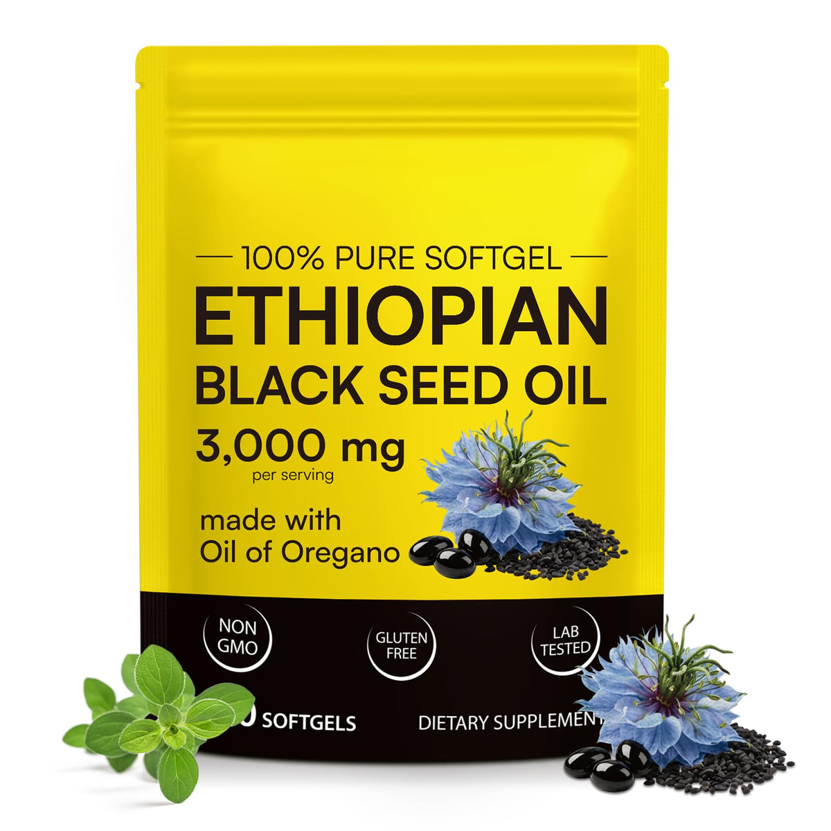 Gélules d'huile de graines noires plomala 3000mg dans un sachet refermable