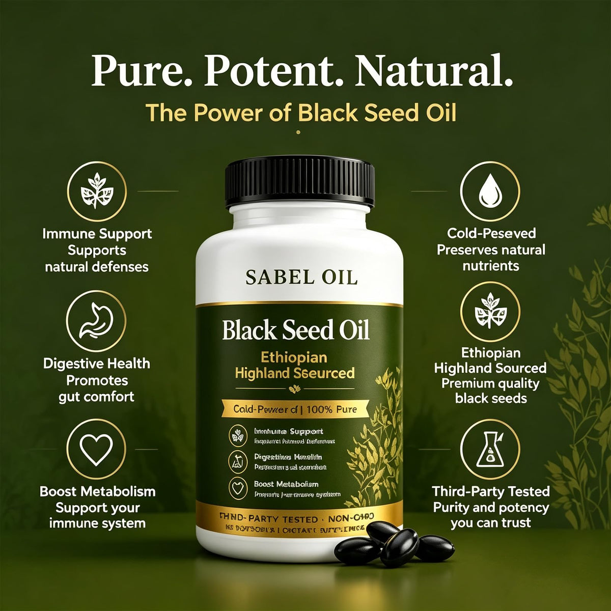 Gélules d'huile de graines noires Sabel Oil sur une surface en bois