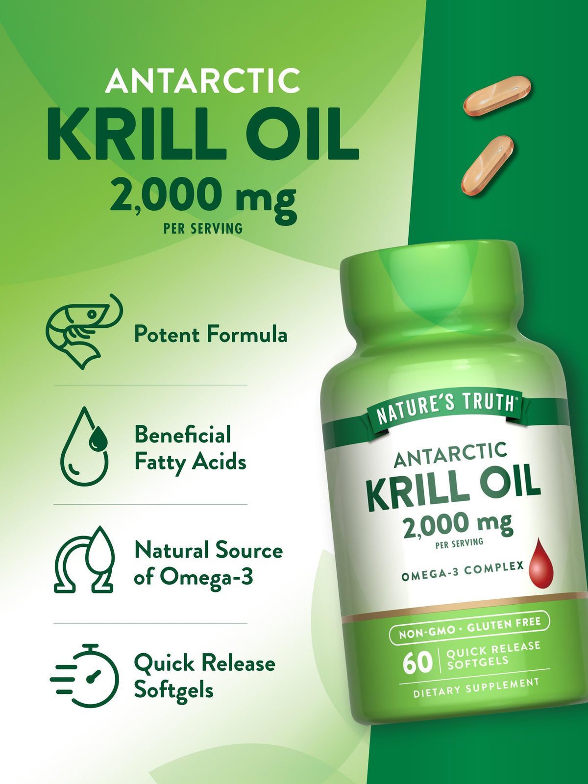 Gélules d'huile de krill Nature's Truth sur fond blanc