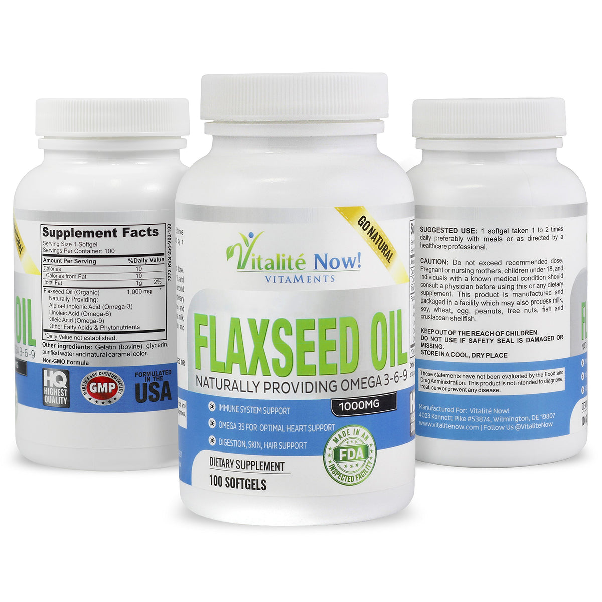 Gélules d'huile de lin bio Vitalité Now! sur une surface blanche