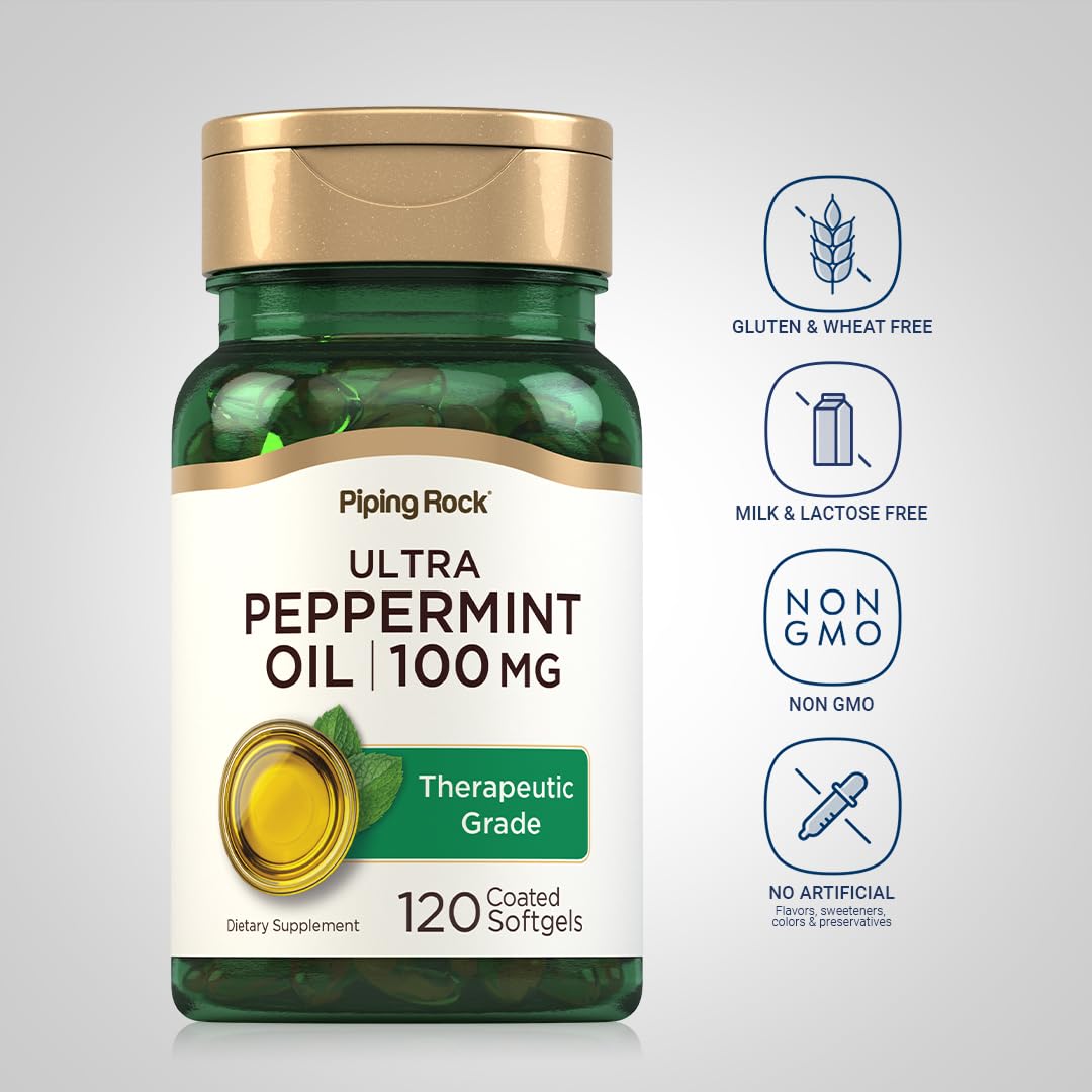 Gélules d'huile de menthe poivrée Piping Rock montrant la taille des capsules