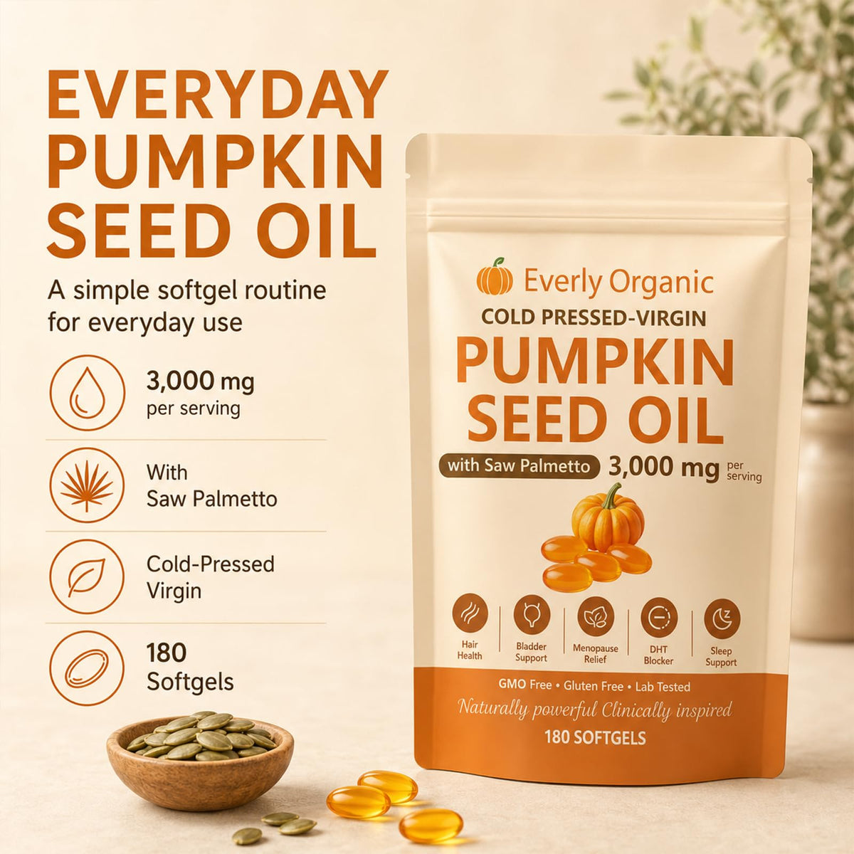 Gélules d'huile de pépin de citrouille Everly avec étiquette