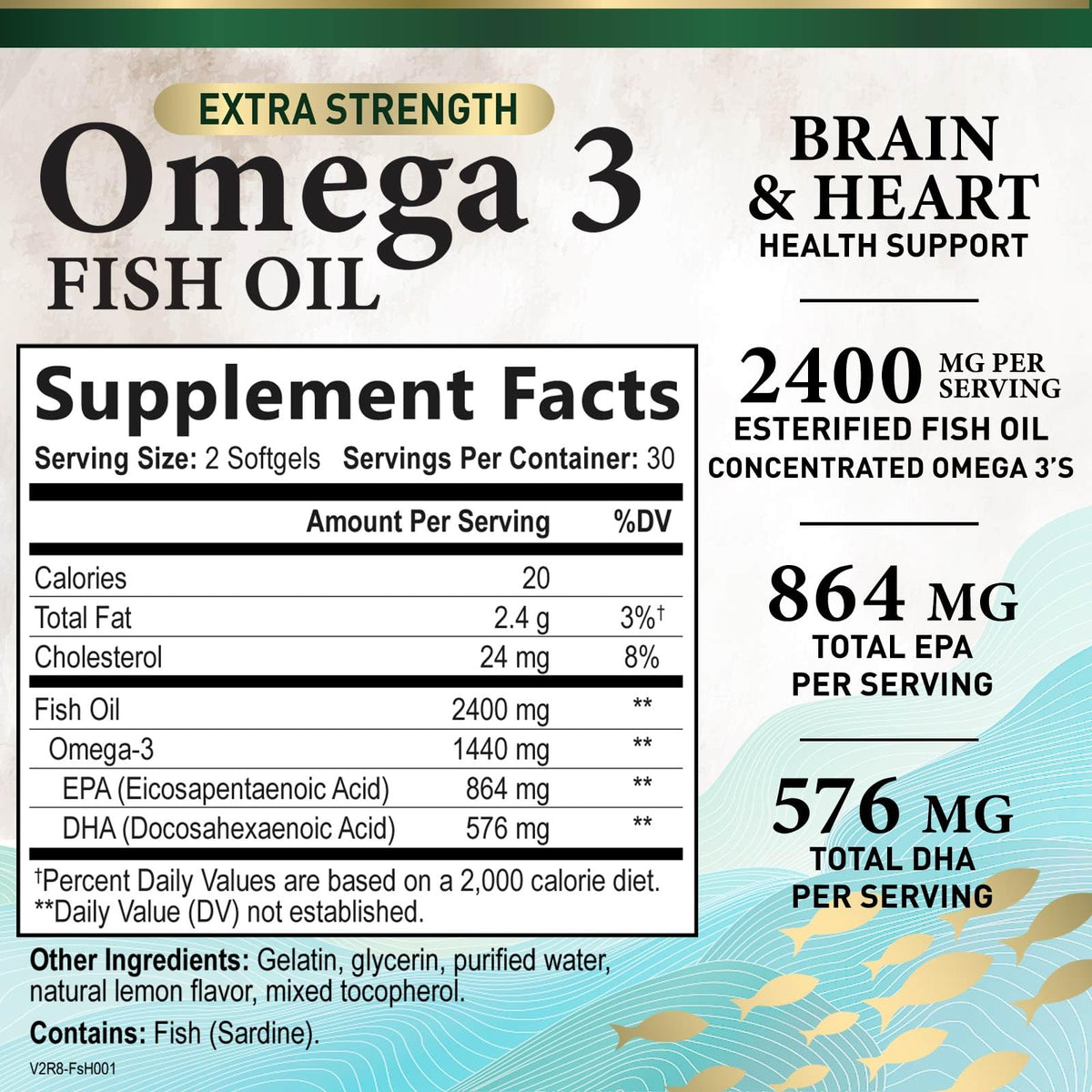 Gélules d'huile de poisson Omega 3 2400mg, présentation sur fond blanc