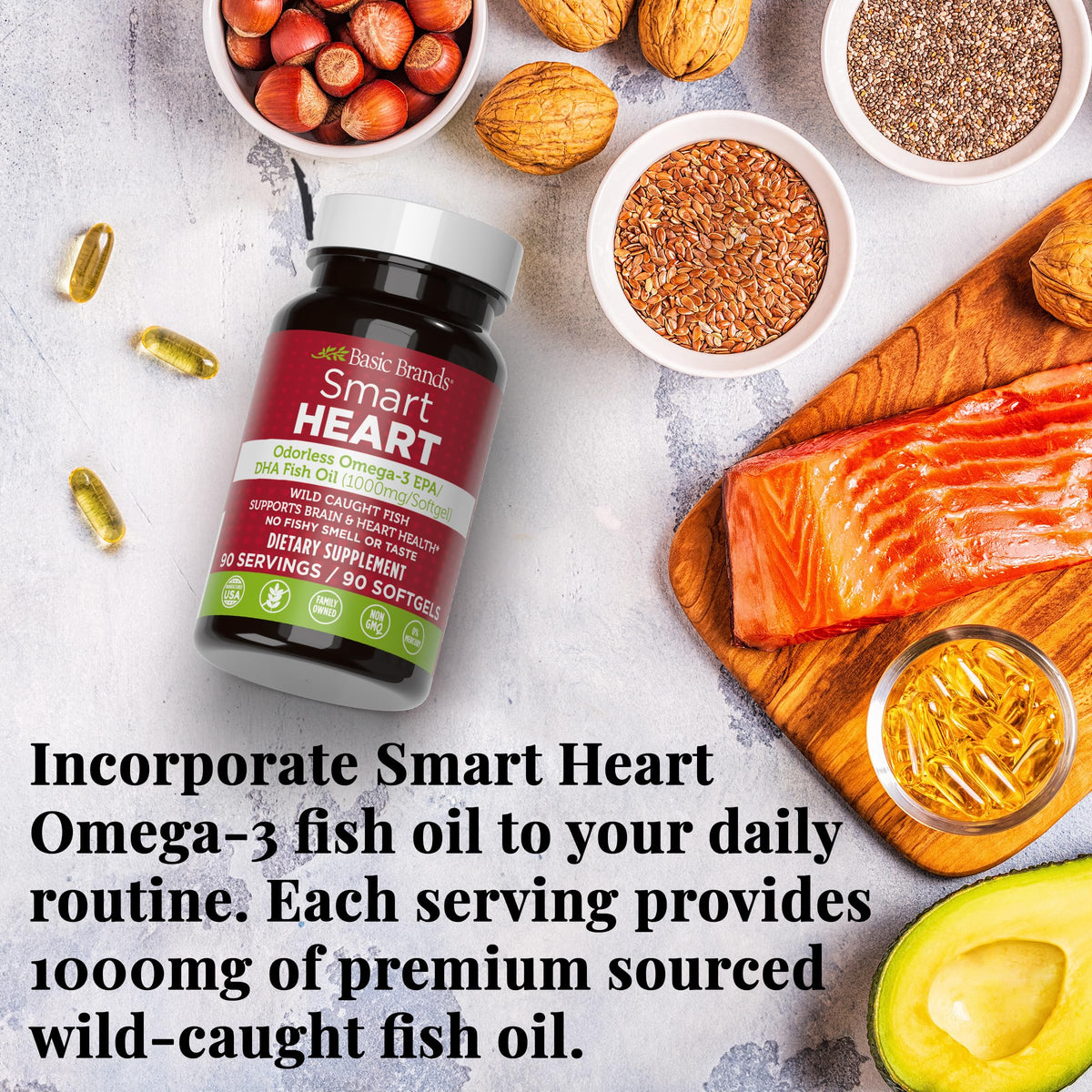 Gélules d'huile de poisson Omega-3 Basic Brands sur un fond blanc