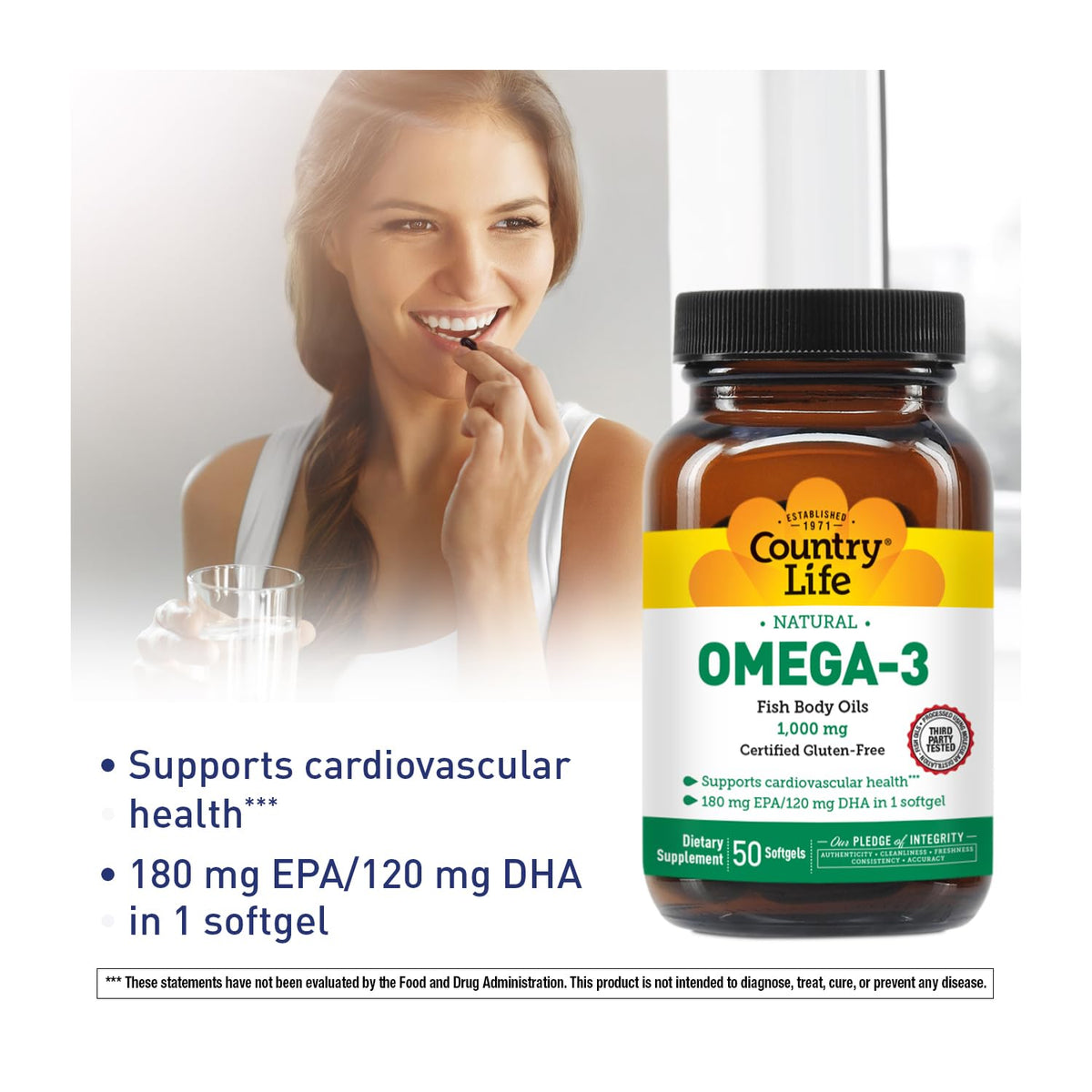 Gélules d'huile de poisson Omega-3 Country Life, taille et forme