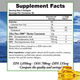 Gélules d'Huile de Poisson Omega 3 DPA 2900mg sur fond blanc