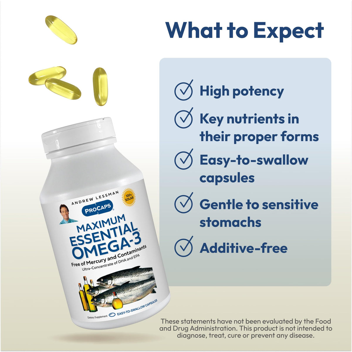 Gélules d'Huile de Poisson Omega-3 Essentielle d'ANDREW LESSMAN sur un fond blanc