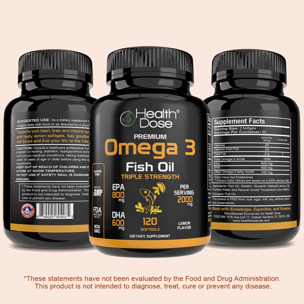 Gélules d'huile de poisson Omega 3 Health Dose avec un citron