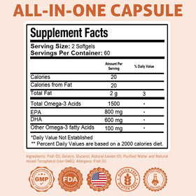 Gélules d'huile de poisson Omega 3 Health Dose sur fond blanc