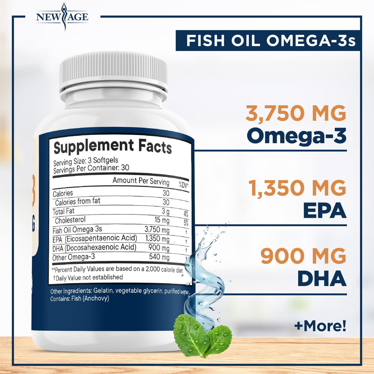 Gélules d'huile de poisson Omega 3 NEW AGE sur fond blanc