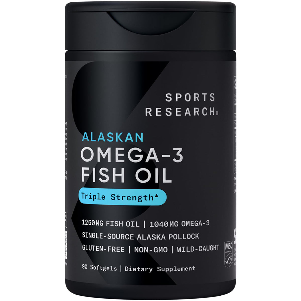 Gélules d'huile de poisson Omega-3 Sports Research 1250mg, vue avant du flacon