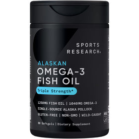 Gélules d'huile de poisson Omega-3 Sports Research 1250mg, vue avant du flacon