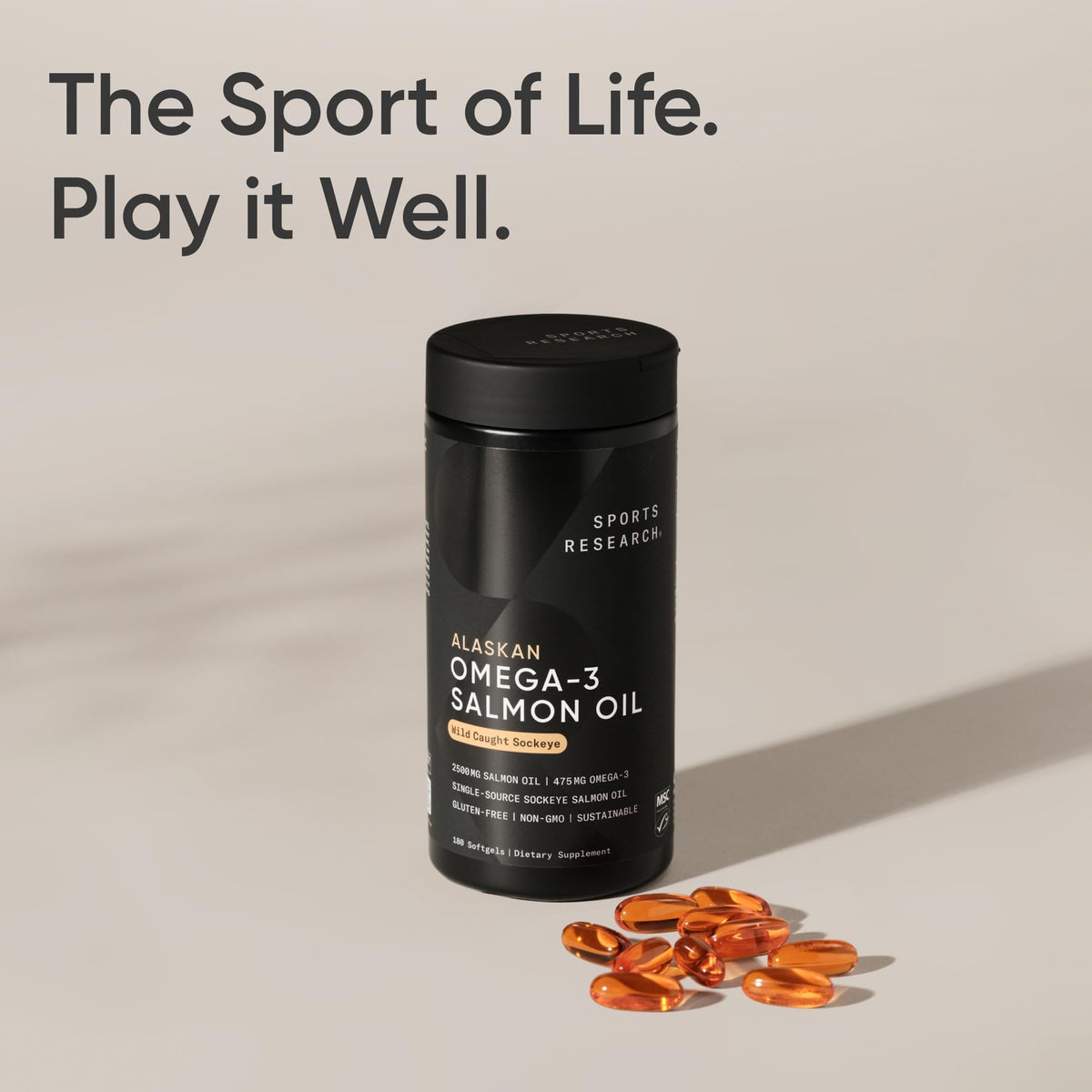 Gélules d'huile de saumon sauvage Sports Research avec un fond naturel