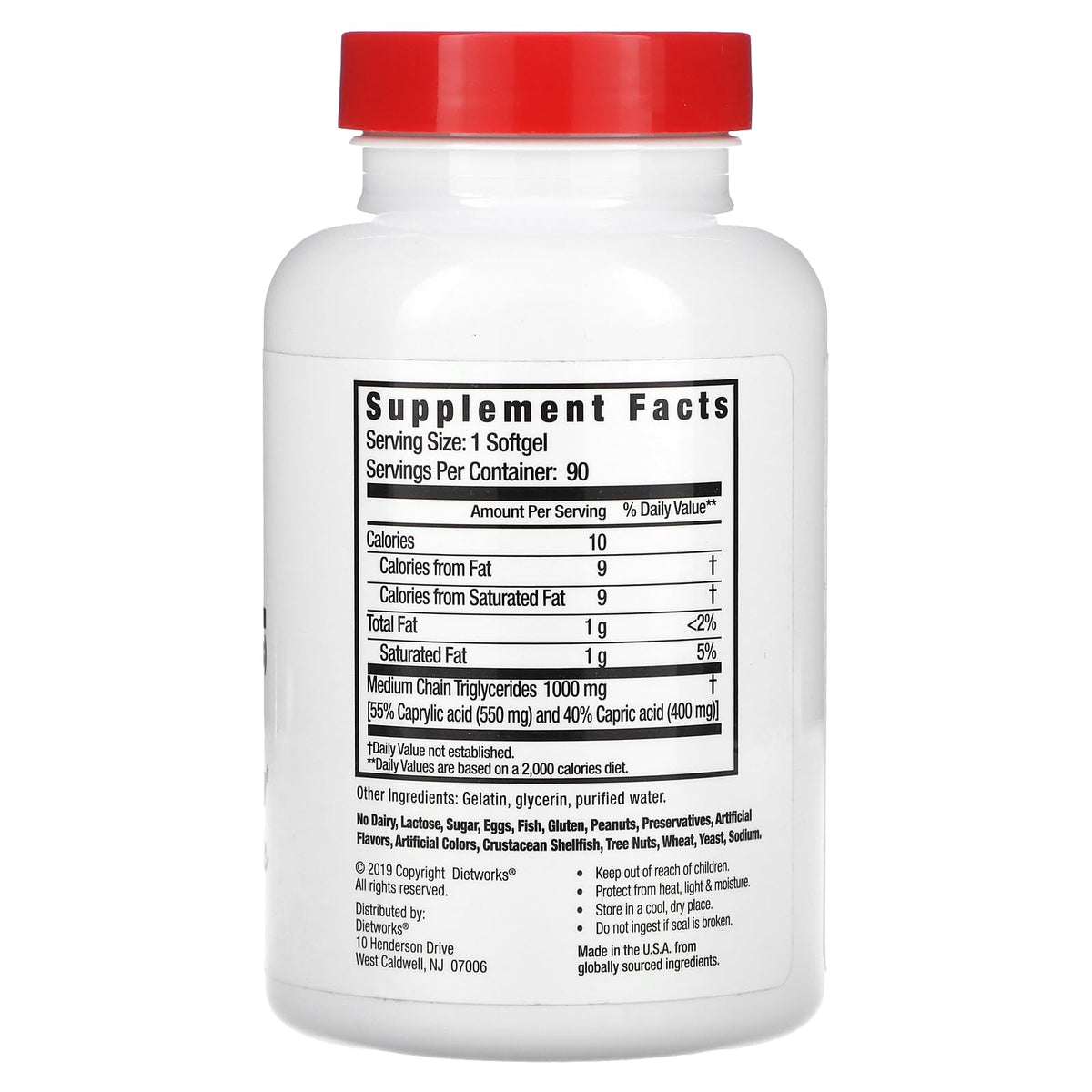 Gélules d'huile MCT DietWorks montrant la taille et le format