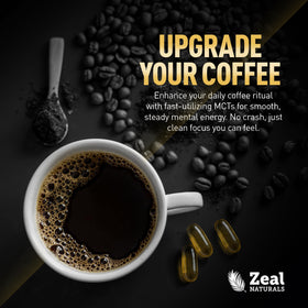 Gélules d'huile MCT Zeal Naturals, mise en situation avec un café
