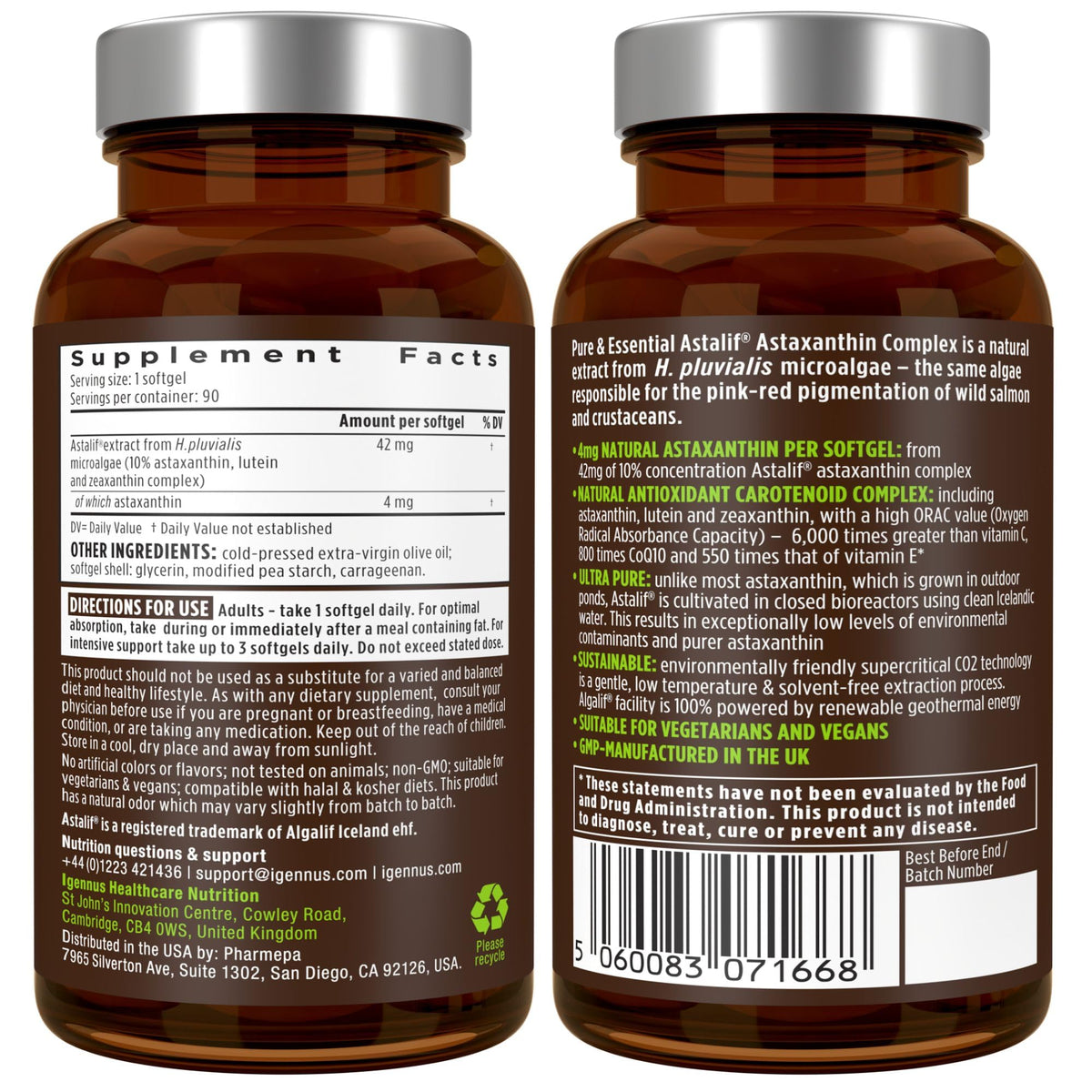 Gélules d'Igennus Astaxanthin avec des ingrédients naturels