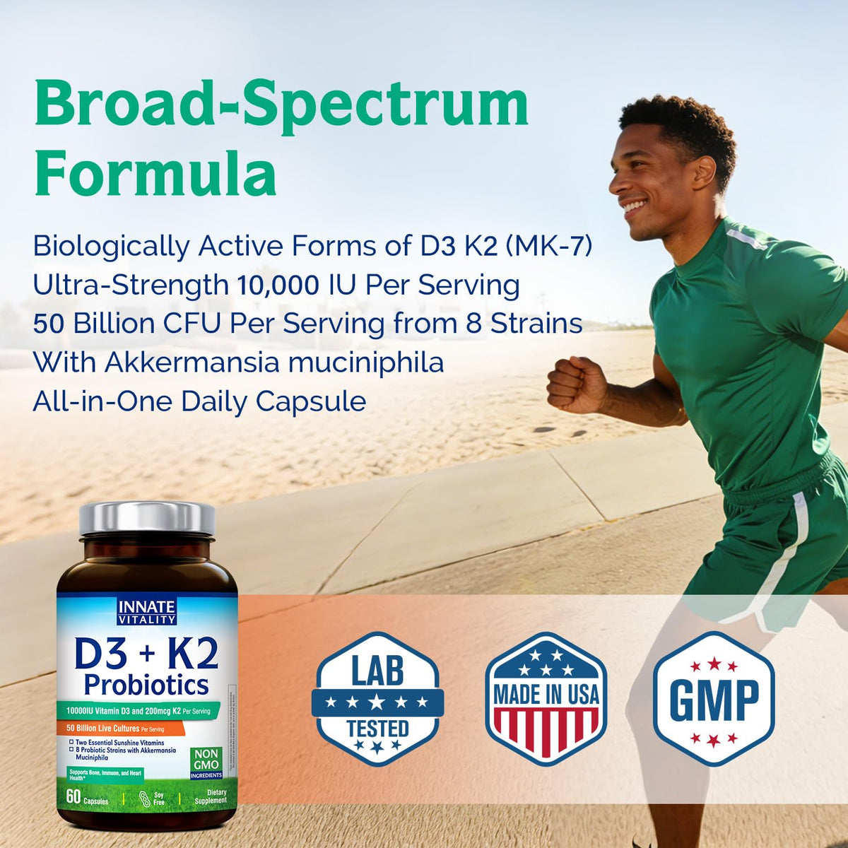 Gélules d'Innate Vitality D3 K2 sur fond blanc