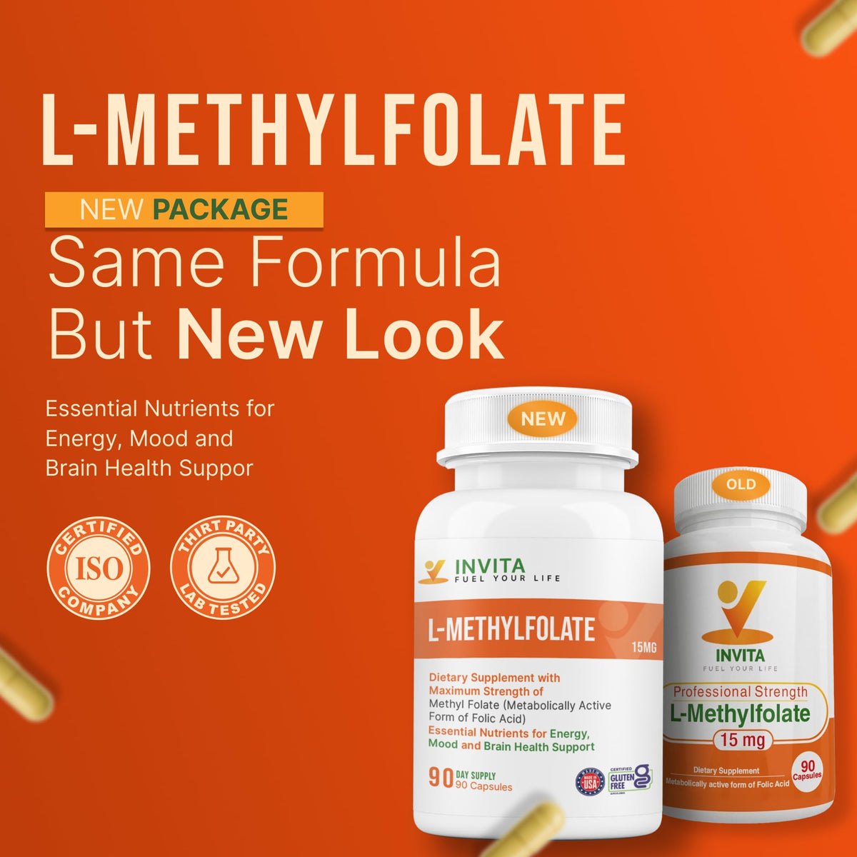 Gélules d'INVITA L-Méthylfolate sur une surface blanche