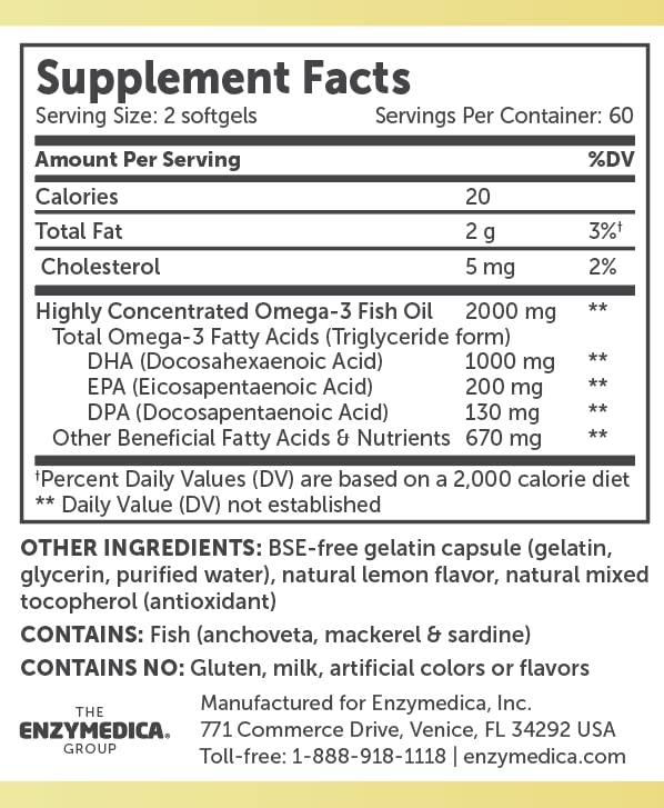 Gélules d'Omega 3 Huile de Poisson Maximum Force Enzymedica sur fond blanc