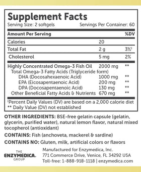 Gélules d'Omega 3 Huile de Poisson Maximum Force Enzymedica sur fond blanc