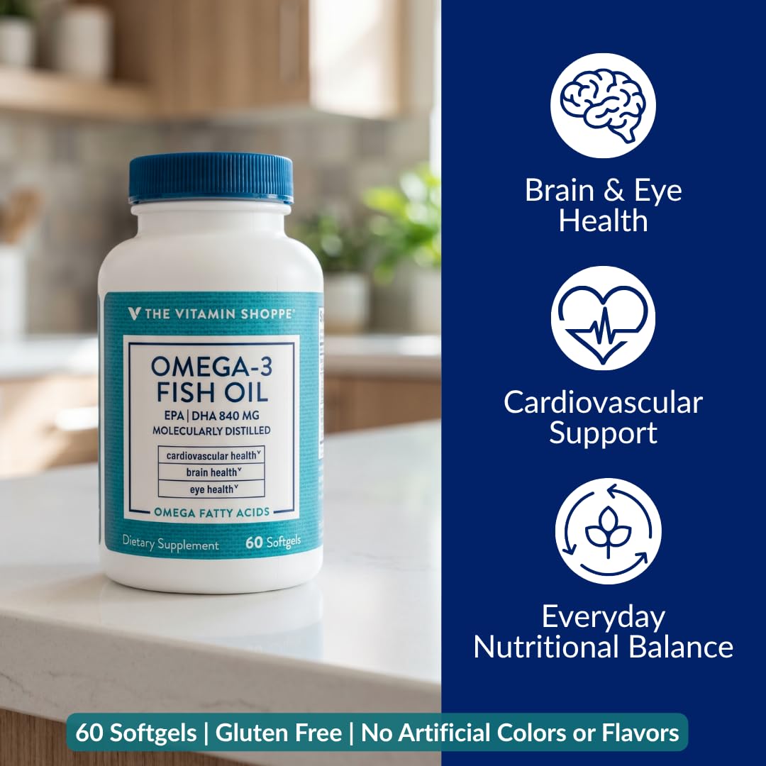 Gélules d'Omega 3 The Vitamin Shoppe sur une surface blanche