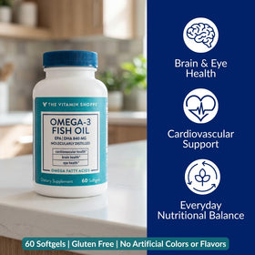 Gélules d'Omega 3 The Vitamin Shoppe sur une surface blanche