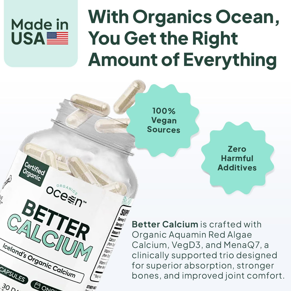 Gélules d'Organics Ocean Better Calcium sur une table