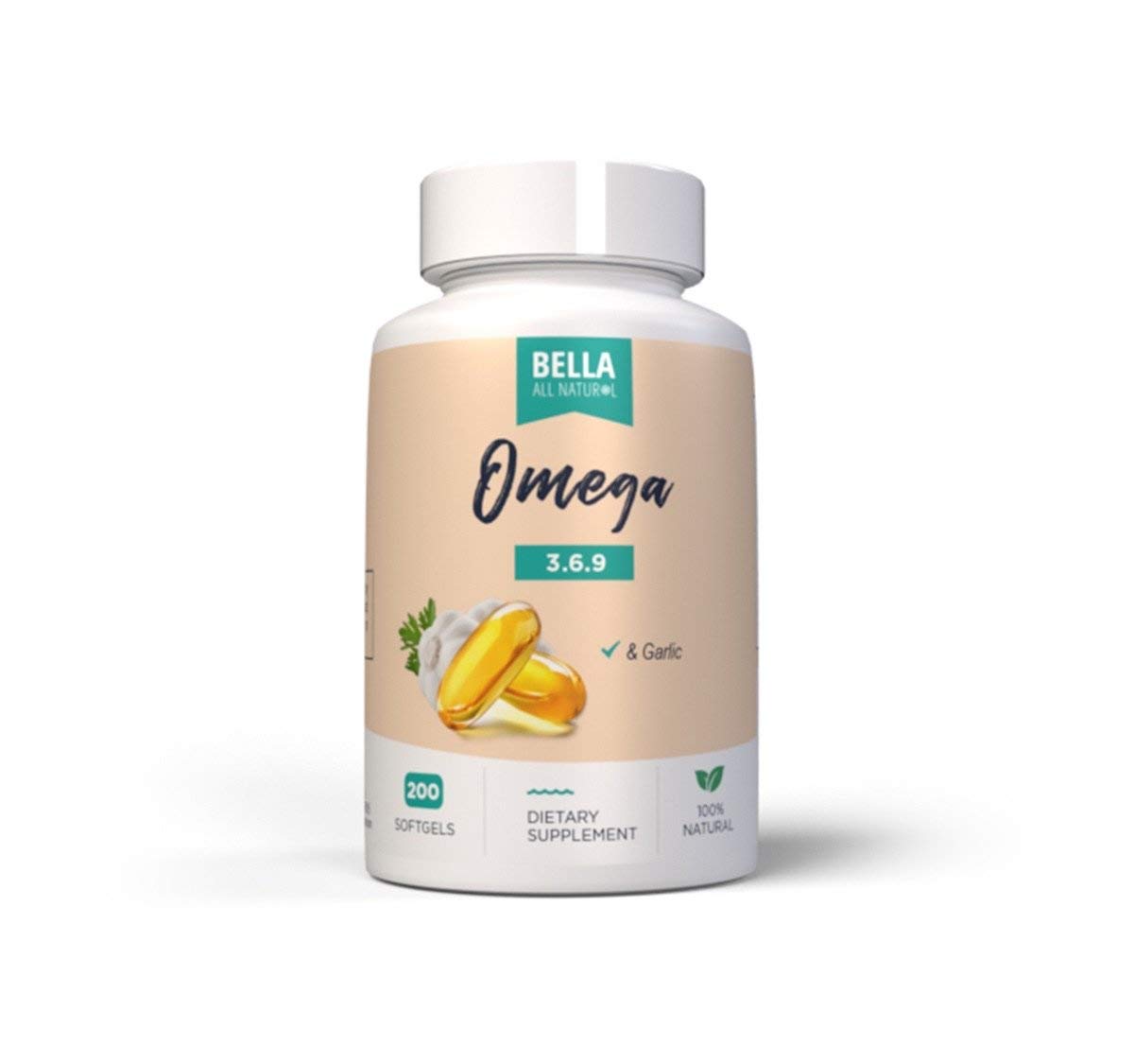 Gélules de Bella All Natural Omega 3 6 9 sur fond blanc