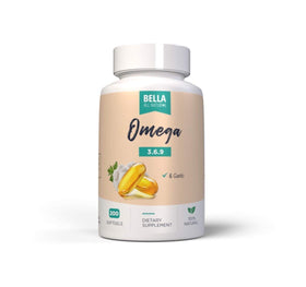 Gélules de Bella All Natural Omega 3 6 9 sur fond blanc