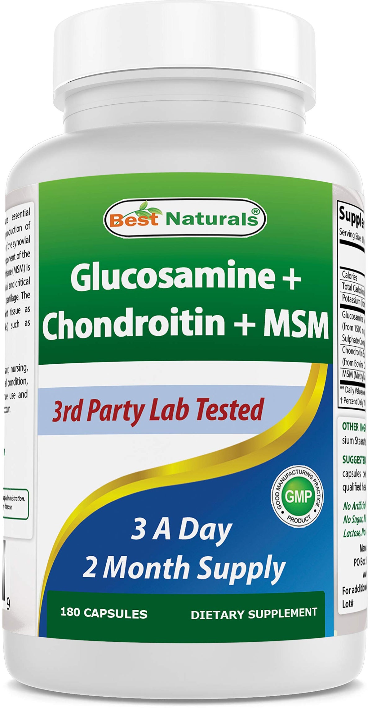 Gélules de Best Naturals Glucosamine Chondroitin MSM 180 capsules devant un fond neutre