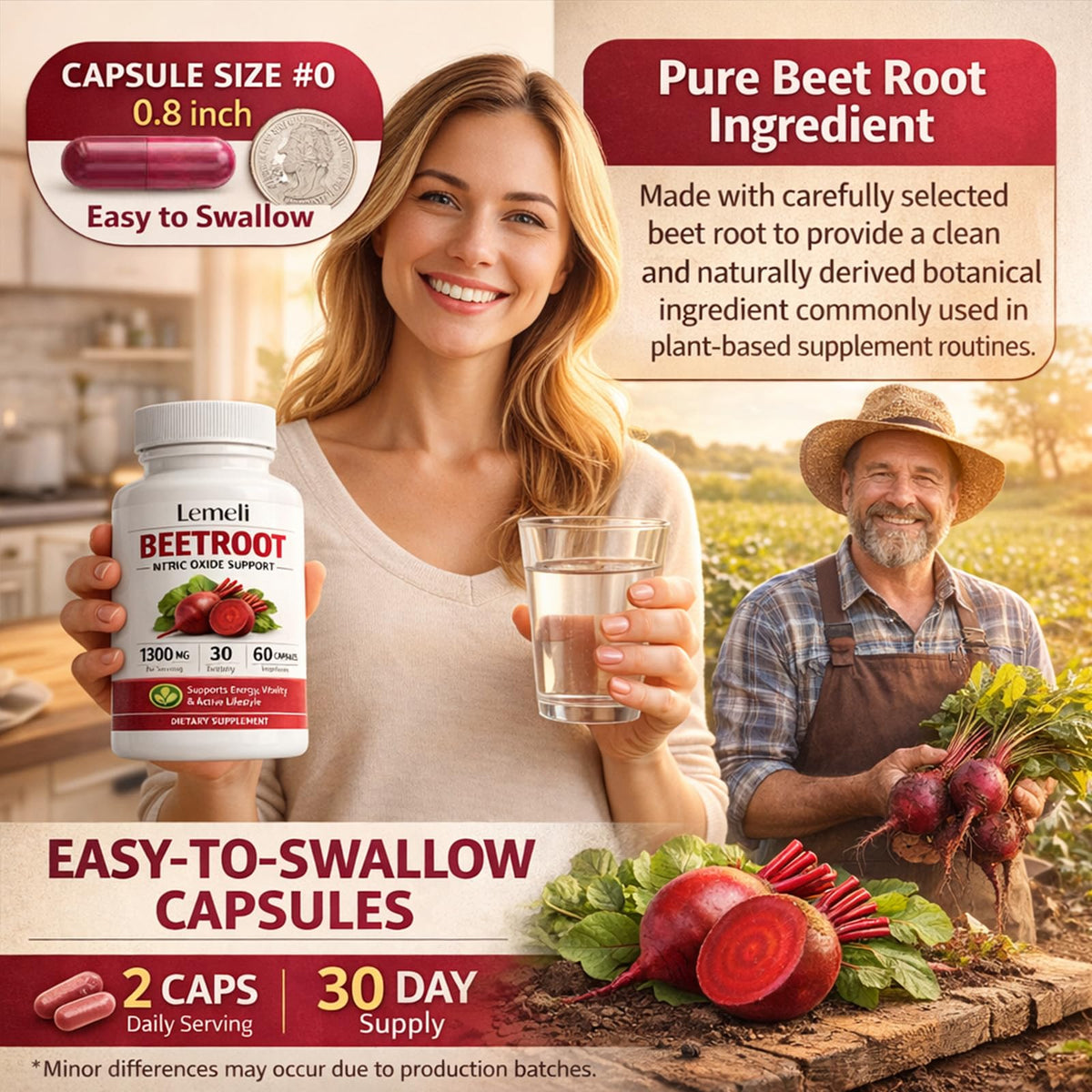 Gélules de betterave Lemeli 1300mg, gélules sur une table