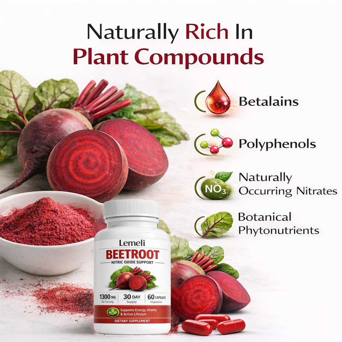 Gélules de betterave Lemeli 1300mg, mises en scène avec des légumes