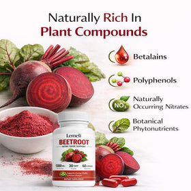 Gélules de betterave Lemeli 1300mg, mises en scène avec des légumes
