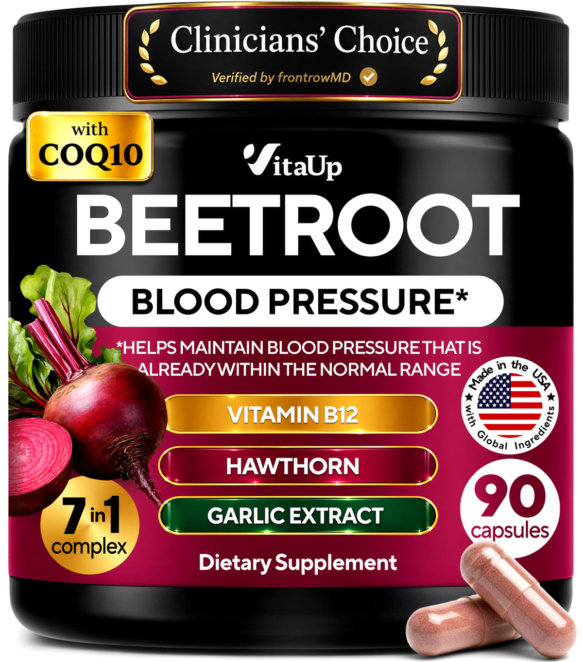 Gélules de betterave VitaUp 7-en-1 vue de face dans l'emballage