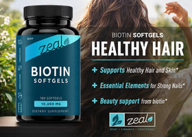 Gélules de Biotine 10000 mcg Zeal Naturals ouvertes avec une capsule visible
