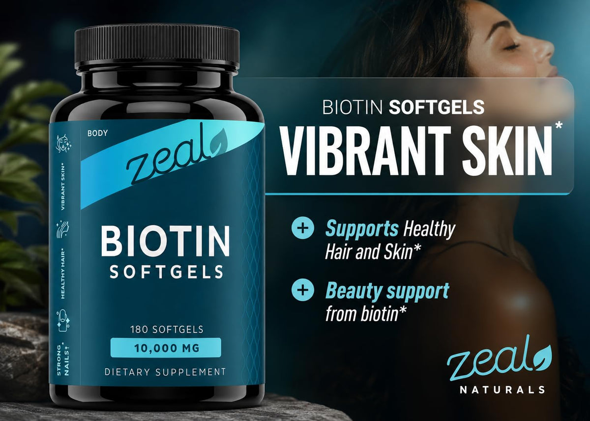Gélules de Biotine 10000 mcg Zeal Naturals sur une table en bois