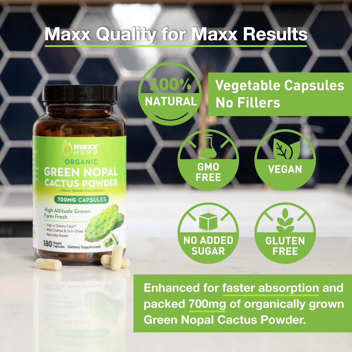 Gélules de cactus nopal Maxx Herb sur une table en bois