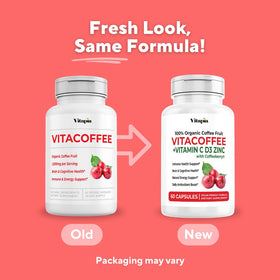 Gélules de café Vitacoffee sur une table en bois