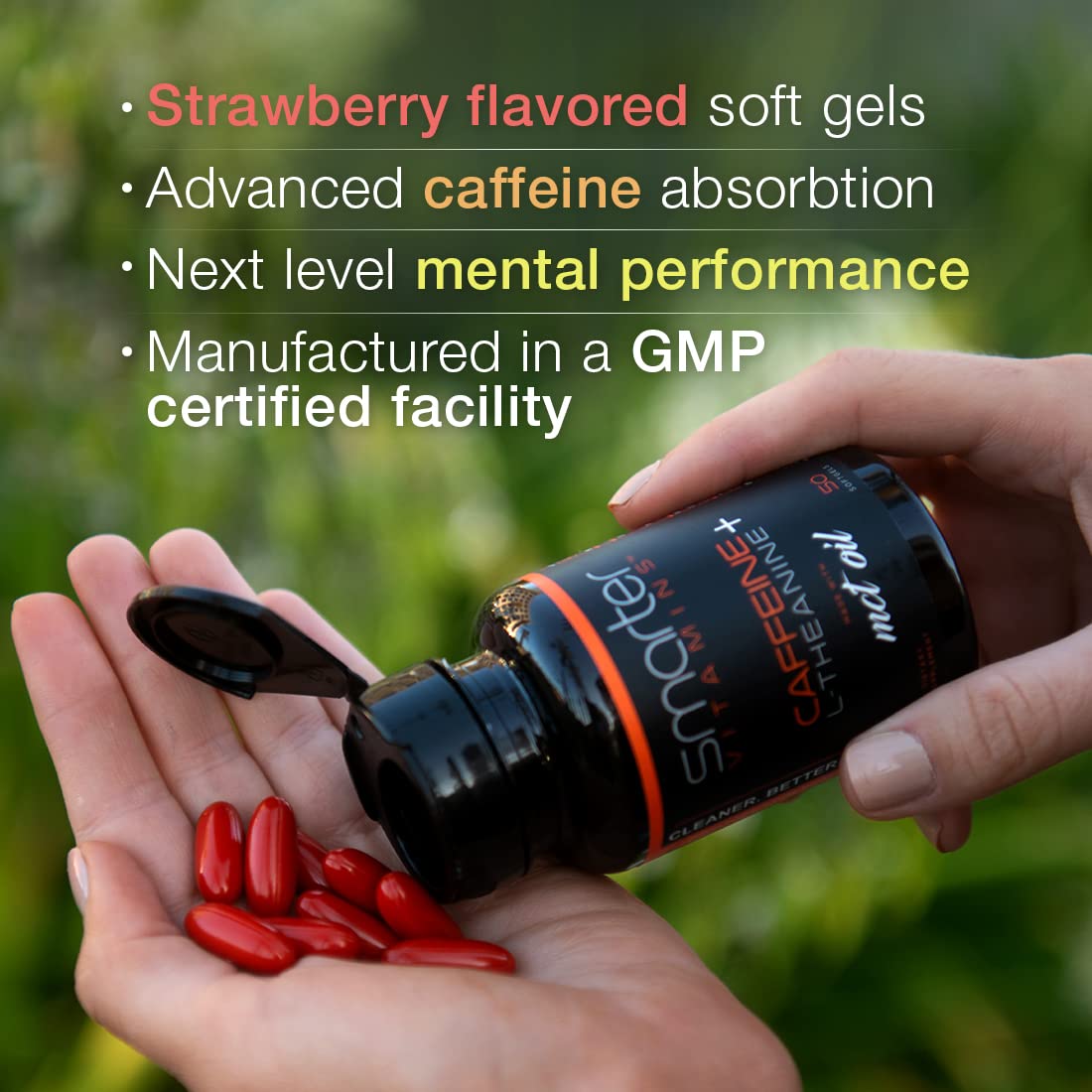 Gélules de caféine SmarterVitamins montrant leur format pratique