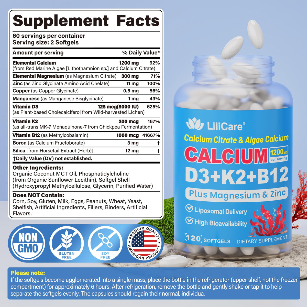Gélules de Calcium 1200 mg avec Vitamine D3 K2 de LILICARE