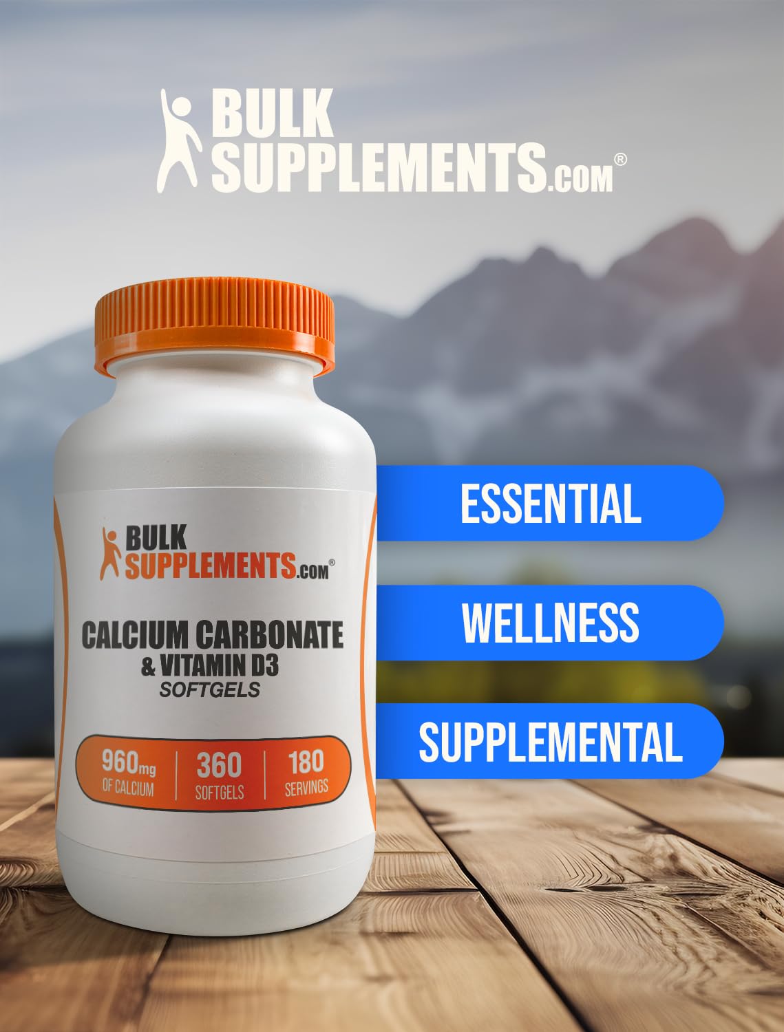 Gélules de Calcium et Vitamine D3 à côté d'un verre d'eau