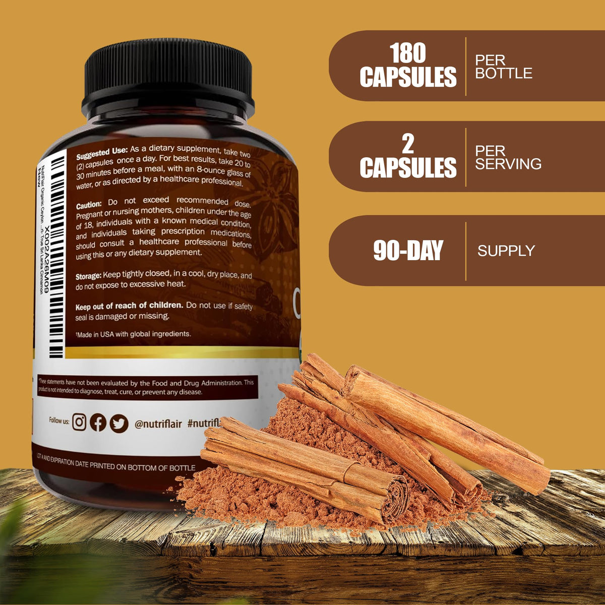 Gélules de cannelle de Ceylan NutriFlair sur fond blanc