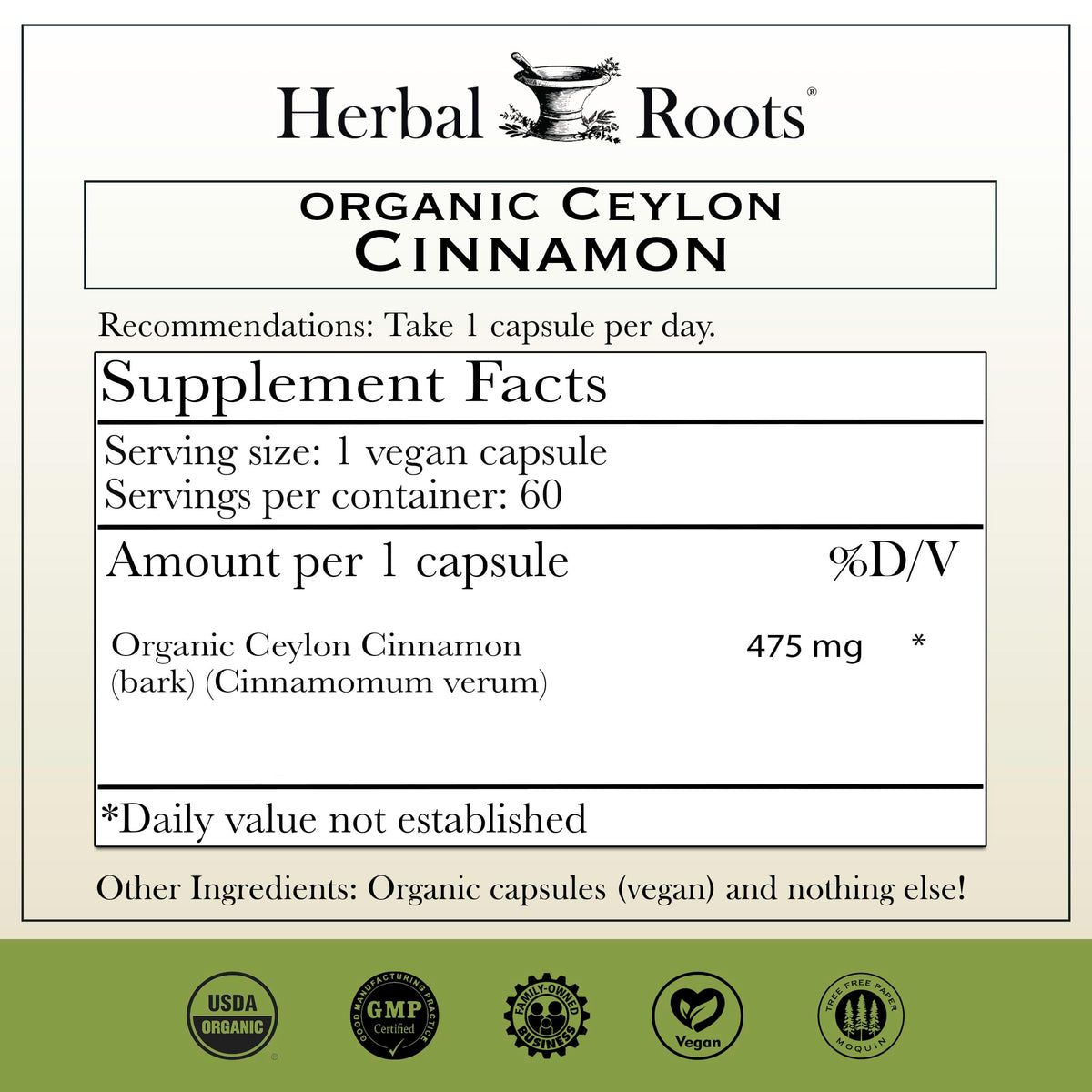 Gélules de cannelle Herbal Roots avec étiquette bio